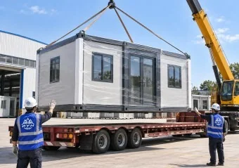 Finished modular unit lifted for transport from the factory