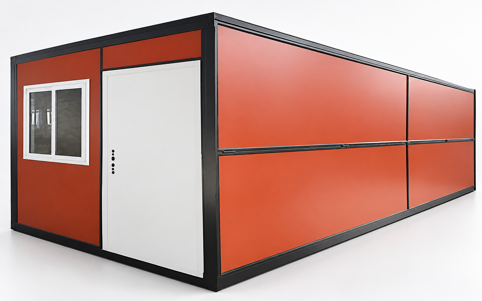 Catalog-based concept rendering of a Z-folding container house with a horizontal sidewall fold joint