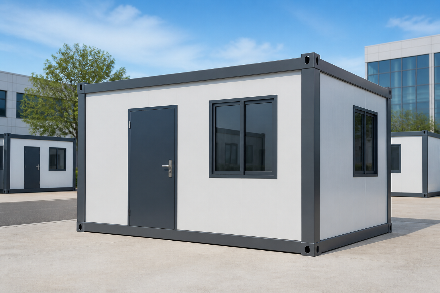 Concept rendering of a completed flat-pack container house