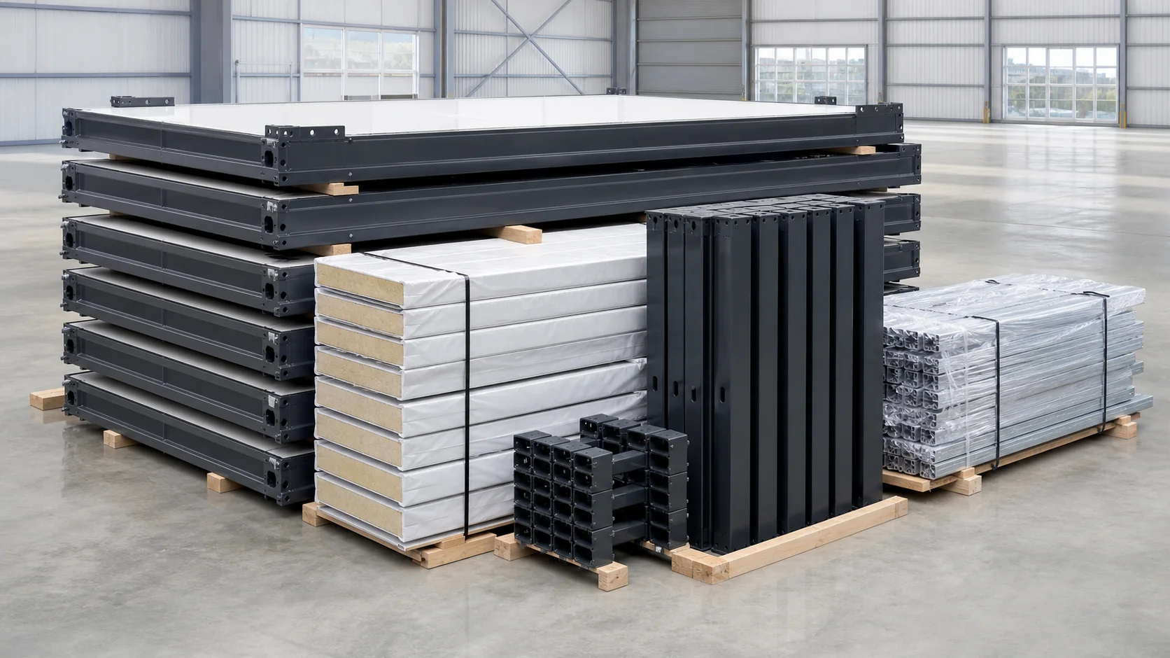 Flat-pack container house components prepared for assembly