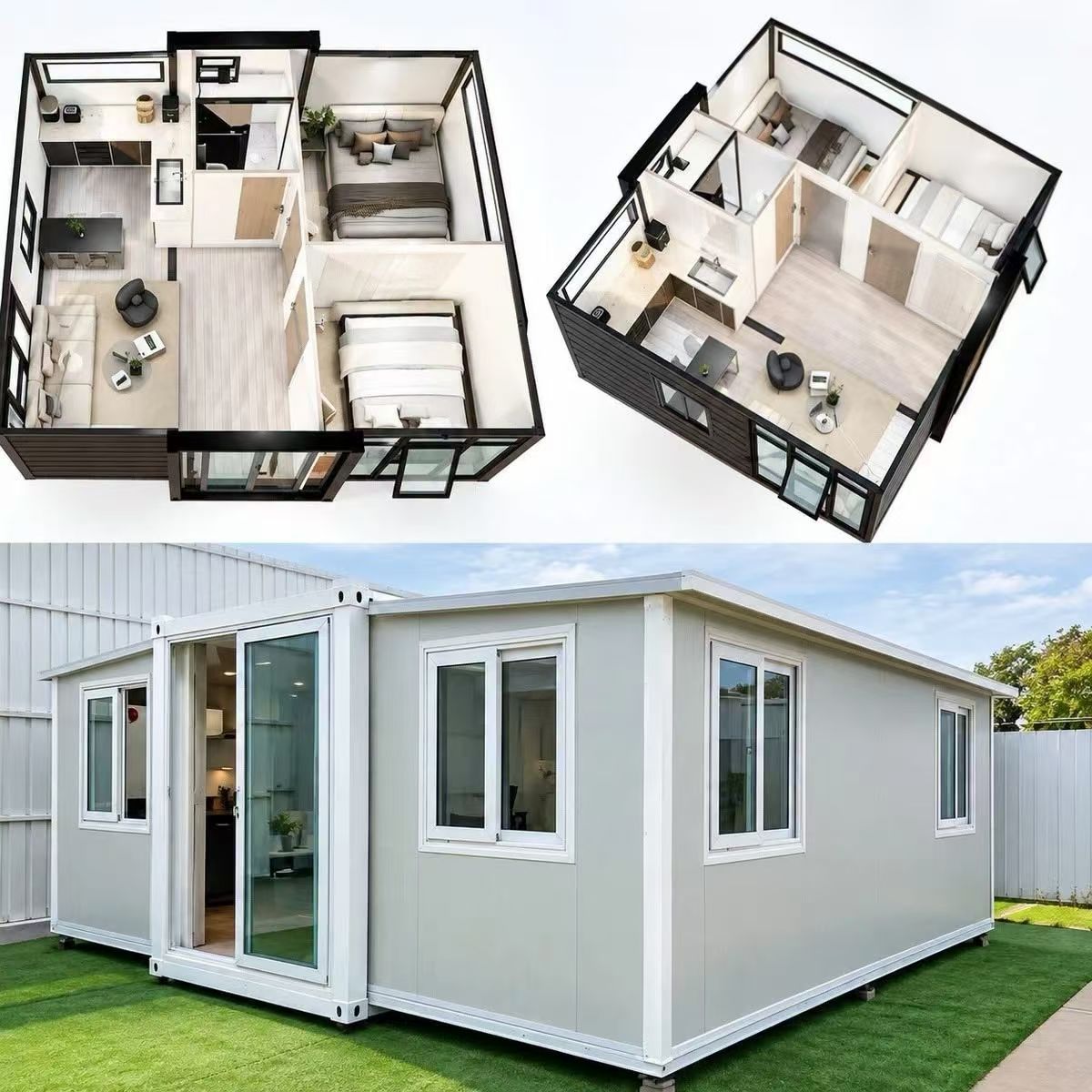 20FT expandable house with two-bedroom layout and completed exterior