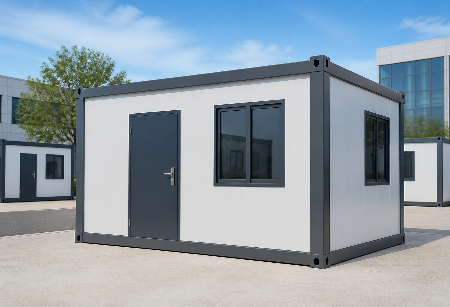 Completed flat-pack container house shown as a product reference