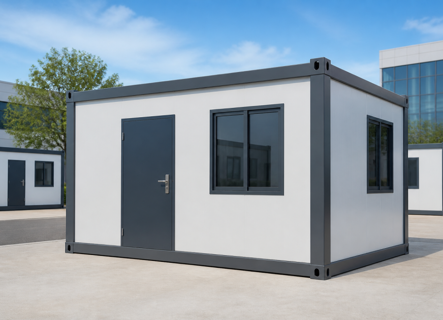Completed flat-pack container house shown as a product reference